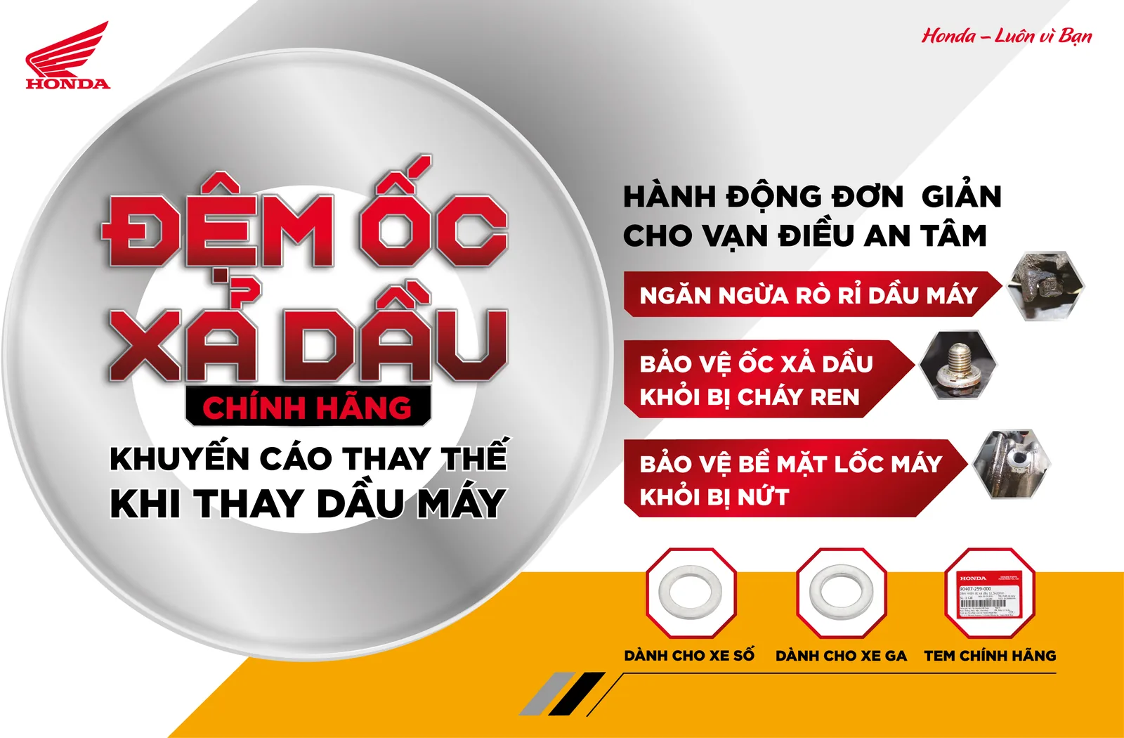 Đệm ốc xả dầu chính hãng Honda – khuyến cáo thay thế khi thay dầu máy